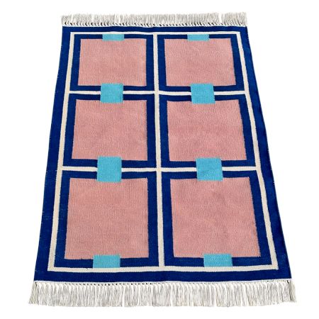 Handmade Blue And Beige Cotton Modern Dhurrie